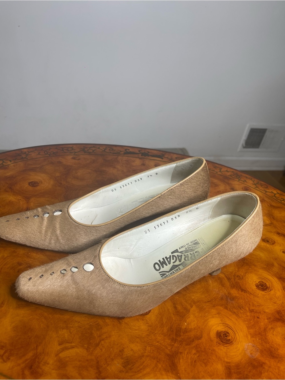 Salvatore Ferragamo Tan Haircalf Flats with Button Detail - Picture 4 of 5